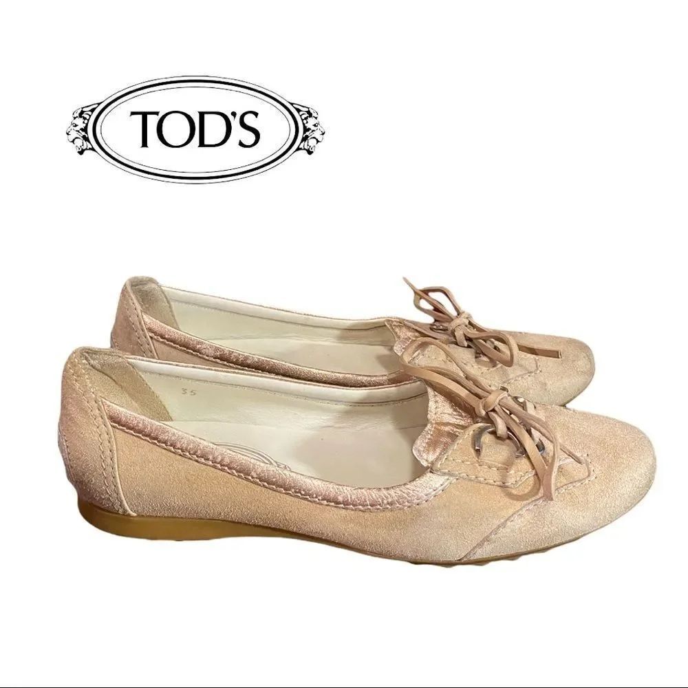 Tod's Women's Tan Rose Gold Metallic Suede Slip On Loafers Flats 35 5